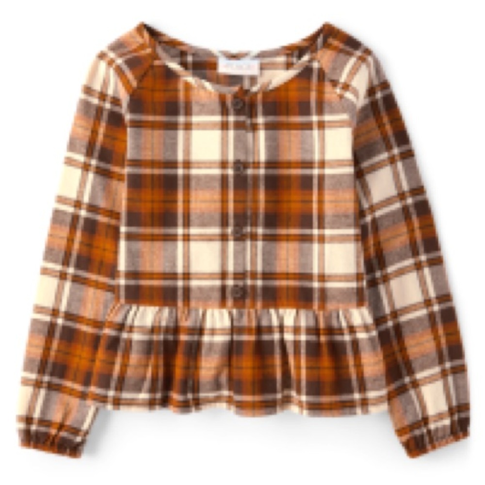 The Children’s Place Girls Matching Family Plaid Flannel Peplum Top - Brown